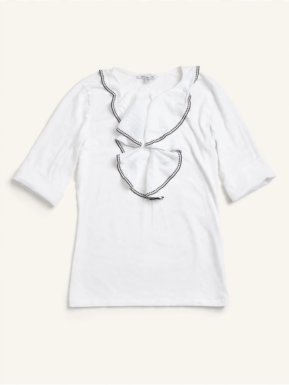 Cabi White Ruffle Blouse Size S Small Style 191 Cotton Stretch Black Trim Top